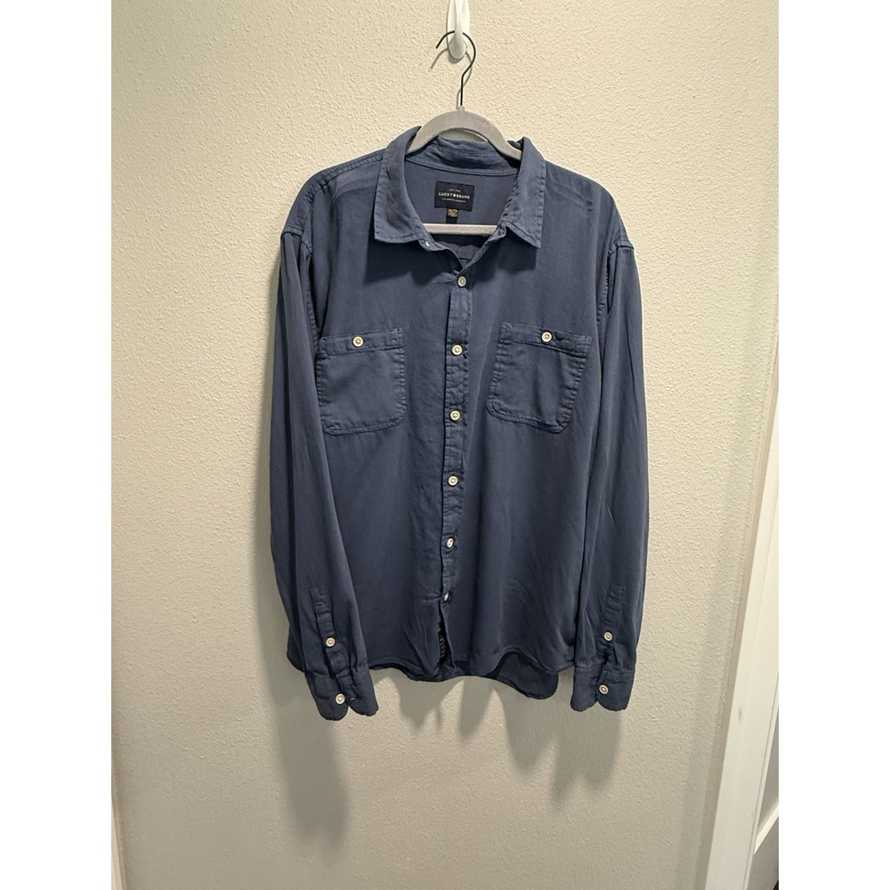 Lucky Brand Men's XXL Solid Blue Woven Cotton Button-Up Shirt Point Collar